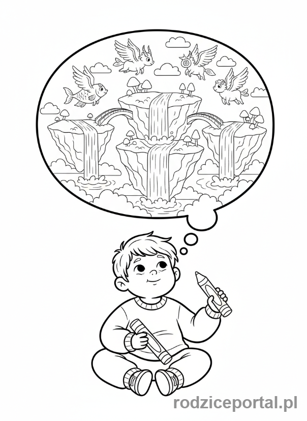 Kolorowanka Kreatywne Myślenie - Dziecko wyobrażające sobie fantastyczny świat