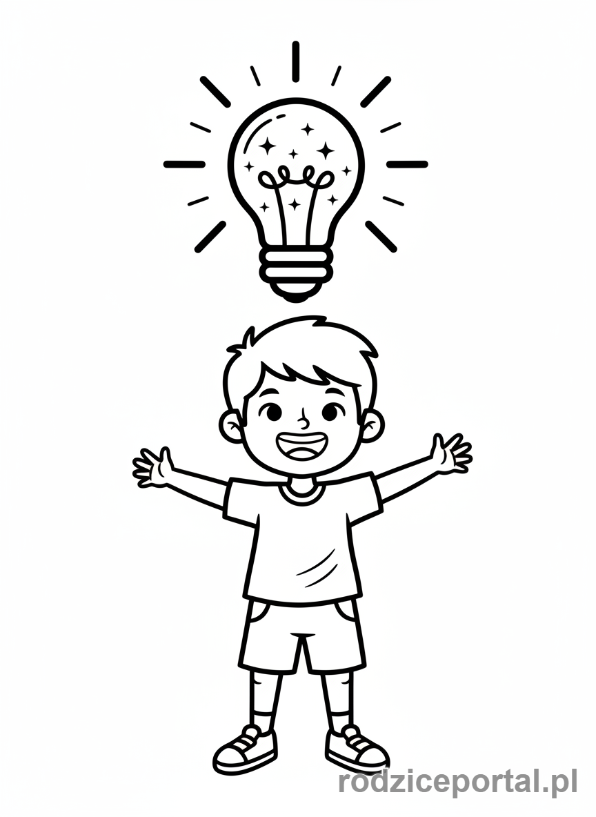 Kolorowanka Kreatywne Myślenie - Dziecko z żarówką nad głową, symbolizującą pomysł