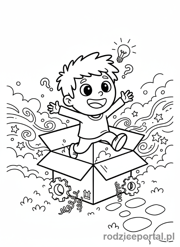 Kolorowanka Kreatywne Myślenie - Postać wychodząca z pudełka, symbolizująca myślenie nieszablonowe