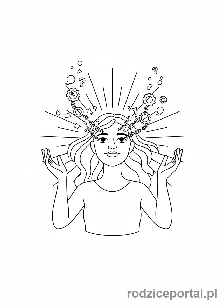 Kolorowanka Kreatywne Myślenie - Postać zrywająca łańcuchy myślowe