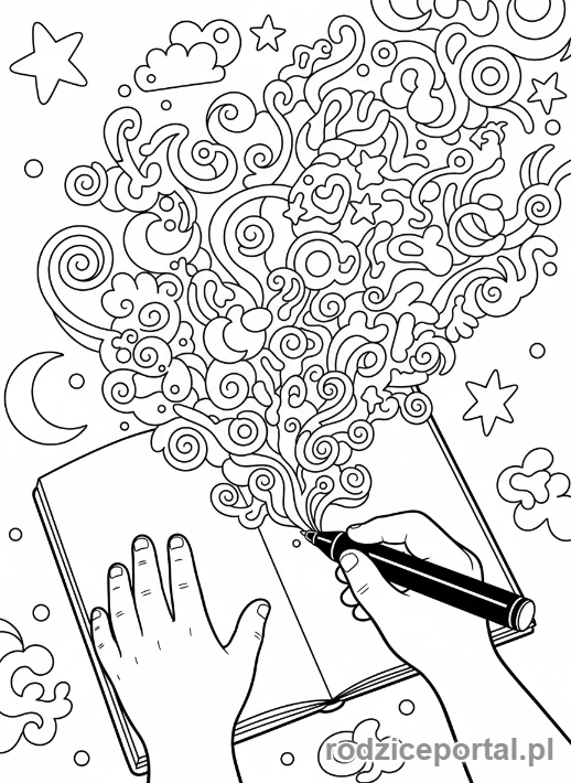 Kolorowanka Kreatywne Myślenie - Ręce rysujące w notatniku z abstrakcyjnymi kształtami