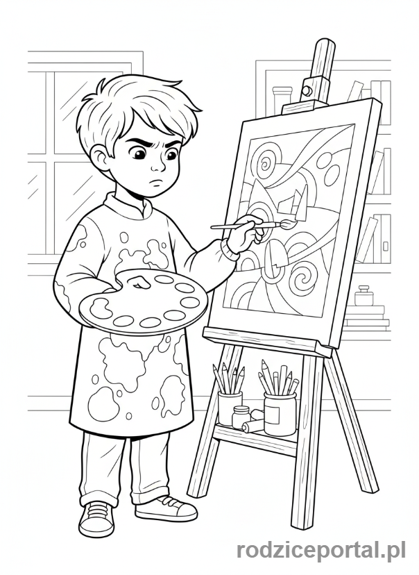 Kolorowanka Kreatywne Zadania - Chłopiec maluje na sztaludze, pędzel