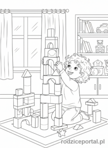 Kolorowanka Kreatywne Zadania - Dziecko buduje z klocków, wieża