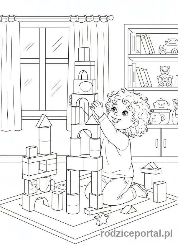 Kolorowanka Kreatywne Zadania - Dziecko buduje z klocków, wieża