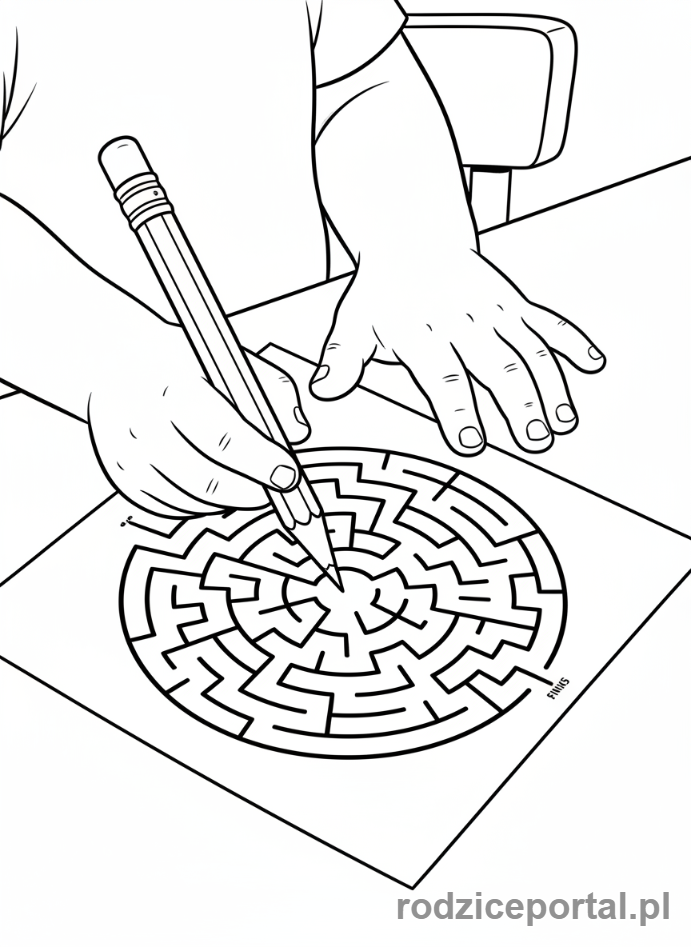 Kolorowanka Kreatywne Zadania - Dziecko rozwiązuje labirynt, biurko