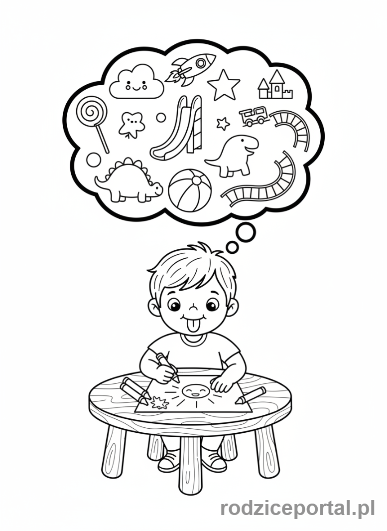 Kolorowanka Kreatywne Zadania - Dziecko rysuje, chmura myśli