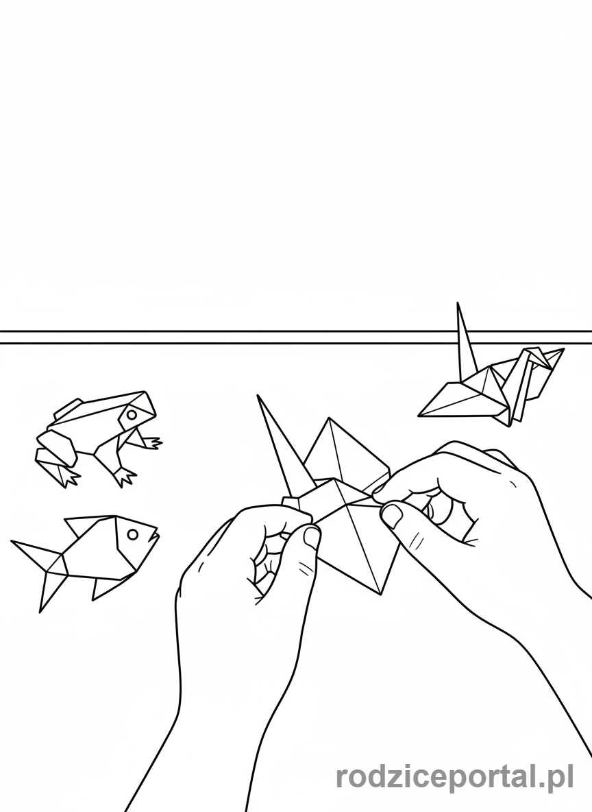 Kolorowanka Kreatywne Zadania - Dziecko składa origami, papierowe zwierzę