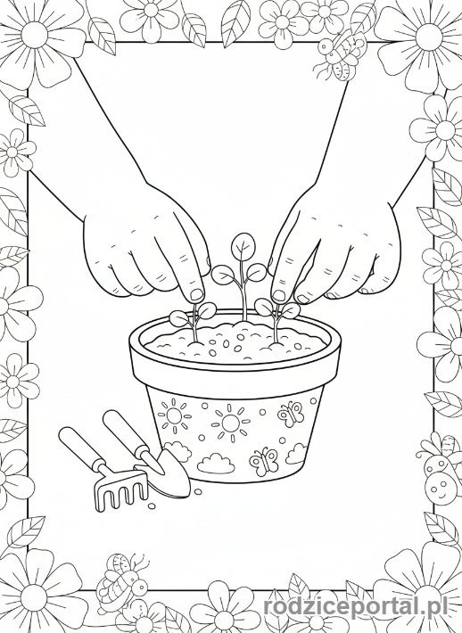 Kolorowanka Kreatywne Zadania - Dziecko tworzy mini-ogród, rośliny