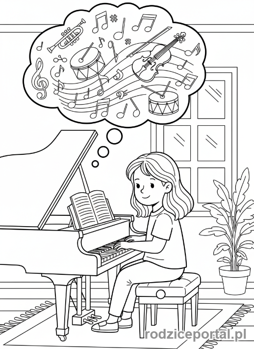 Kolorowanka Kreatywne Zadania - Dziewczynka komponuje muzykę, nuty