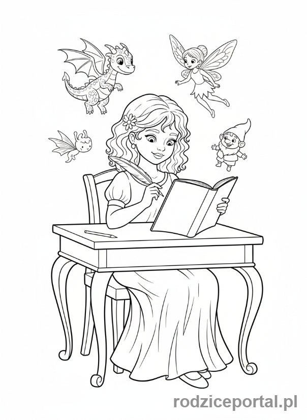 Kolorowanka Kreatywne Zadania - Dziewczynka pisze historię, fantastyczne postacie