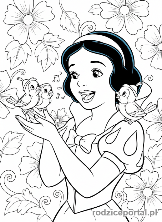 Kolorowanka Królewna Śnieżka - Śnieżka śpiewa ptakom zbliżenie