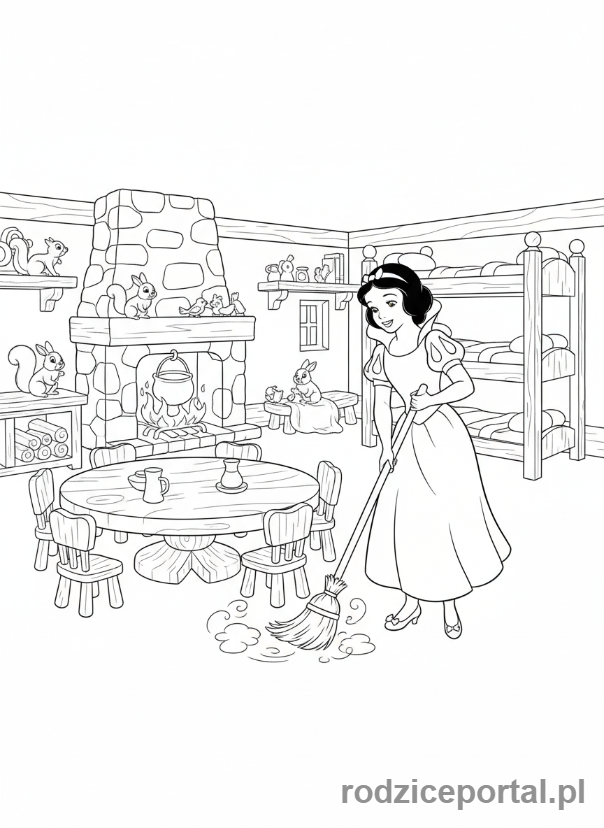 Kolorowanka Królewna Śnieżka - Śnieżka sprzątająca domek krasnoludków