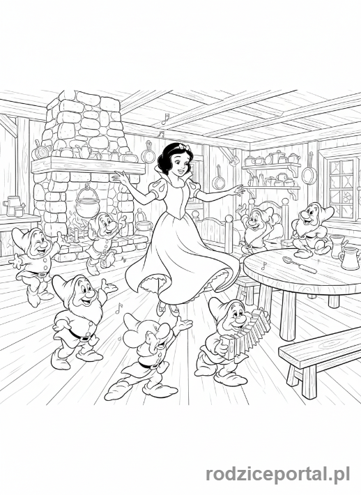 Kolorowanka Królewna Śnieżka - Śnieżka tańcząca z krasnoludkami