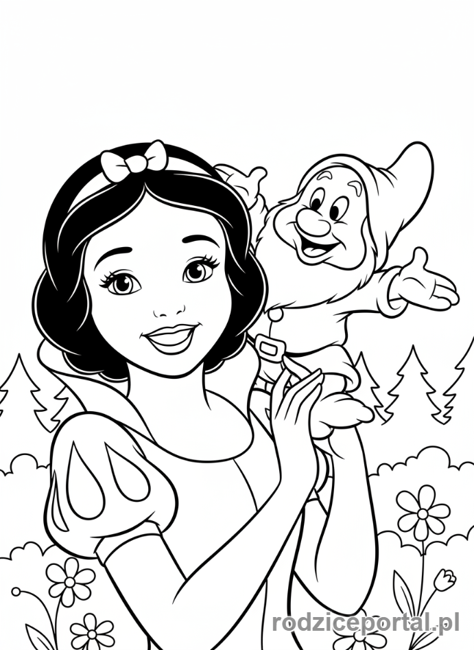 Kolorowanka Królewna Śnieżka - Śnieżka z krasnoludkiem na ramieniu
