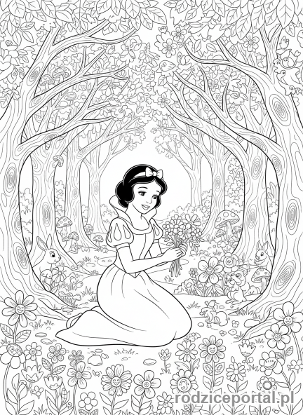 Kolorowanka Królewna Śnieżka - Śnieżka zbiera kwiaty w lesie