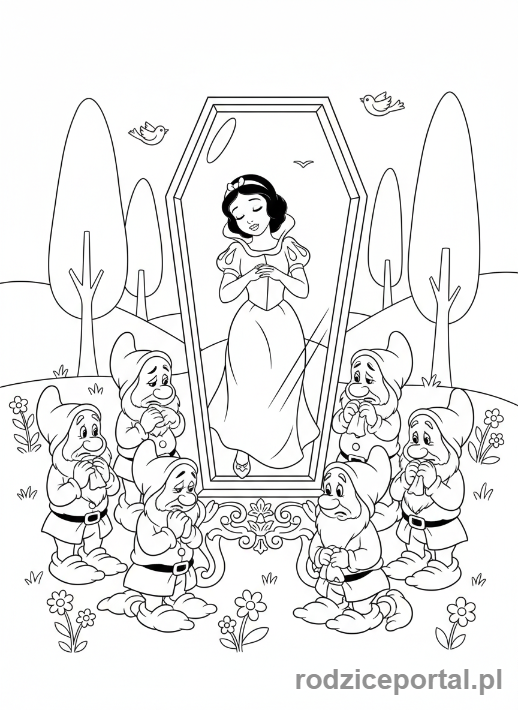 Kolorowanka Królewna Śnieżka - Śpiąca Śnieżka w szklanej trumnie