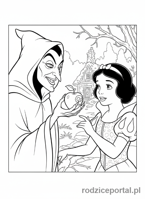 Kolorowanka Królewna Śnieżka - Zła Królowa podaje jabłko Śnieżce