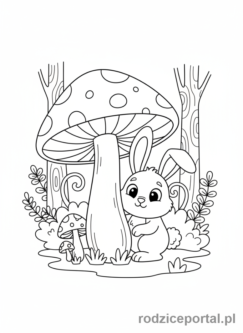 Kolorowanka Królik - Królik przy grzybie