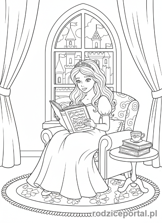 Kolorowanka Księżniczka - Księżniczka czyta książkę