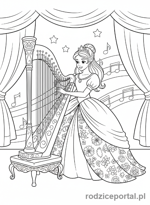 Kolorowanka Księżniczka - Księżniczka gra na instrumencie