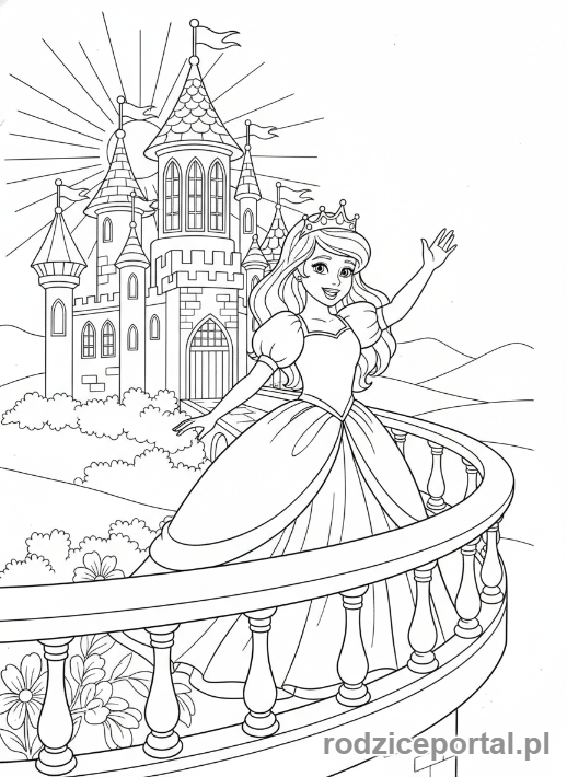 Kolorowanka Księżniczka - Księżniczka macha z balkonu