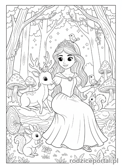 Kolorowanka Księżniczka - Księżniczka ze zwierzętami