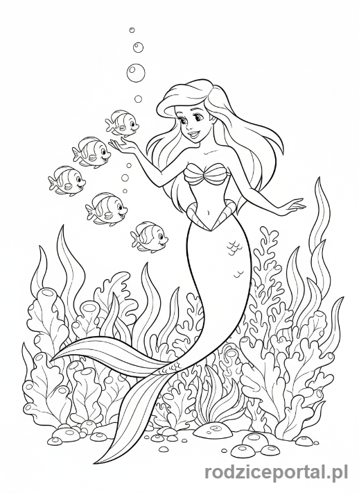 Kolorowanka Księżniczki Disney - Arielka pod wodą z rybkami