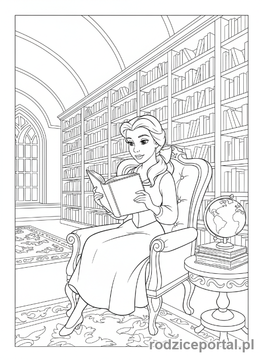 Kolorowanka Księżniczki Disney - Bella czytająca książkę