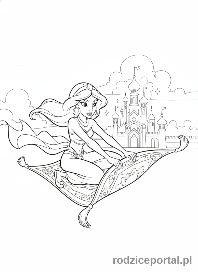 Kolorowanka Księżniczki Disney - Dżasmina na latającym dywanie