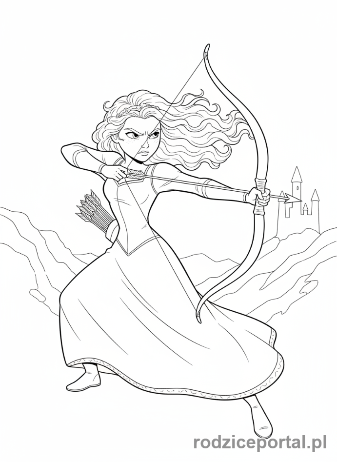 Kolorowanka Księżniczki Disney - Merida strzelająca z łuku