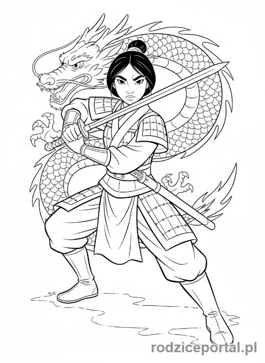 Kolorowanka Księżniczki Disney - Mulan w pozycji wojownika