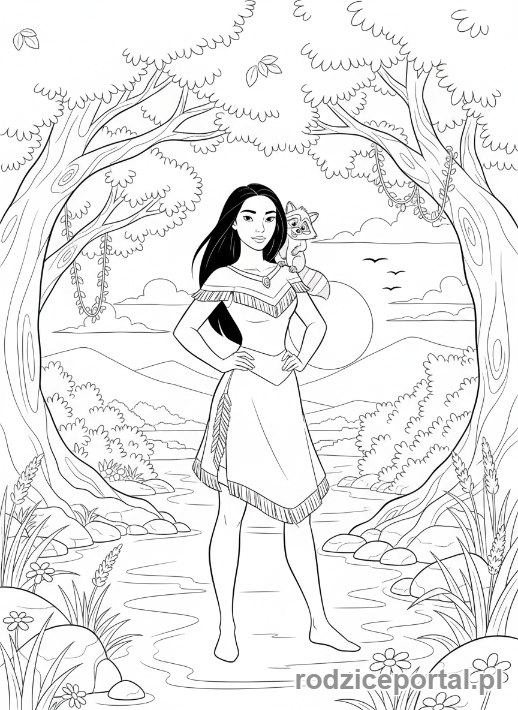 Kolorowanka Księżniczki Disney - Pocahontas nad rzeką z Meeko