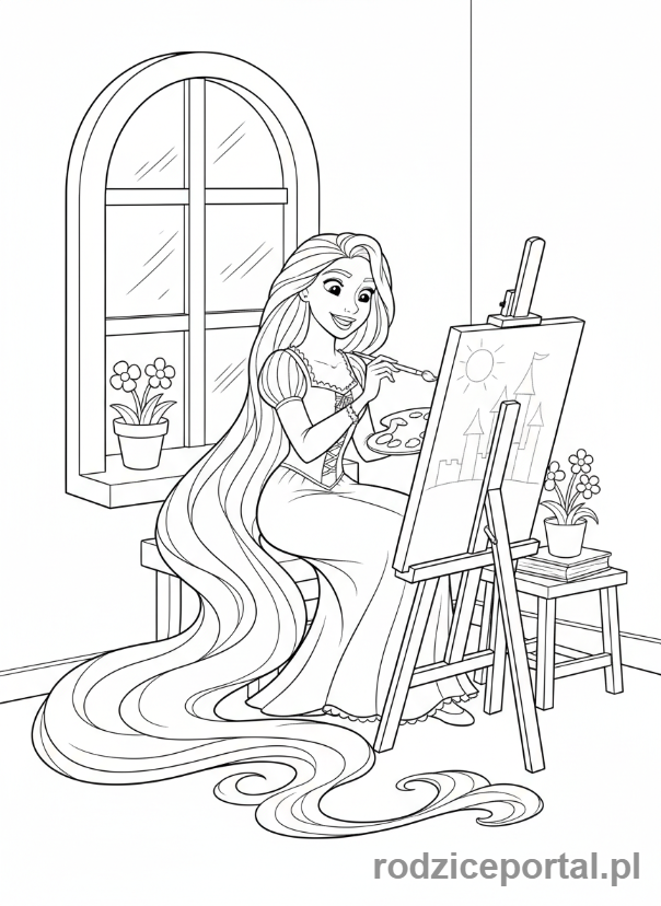 Kolorowanka Księżniczki Disney - Roszpunka malująca obraz