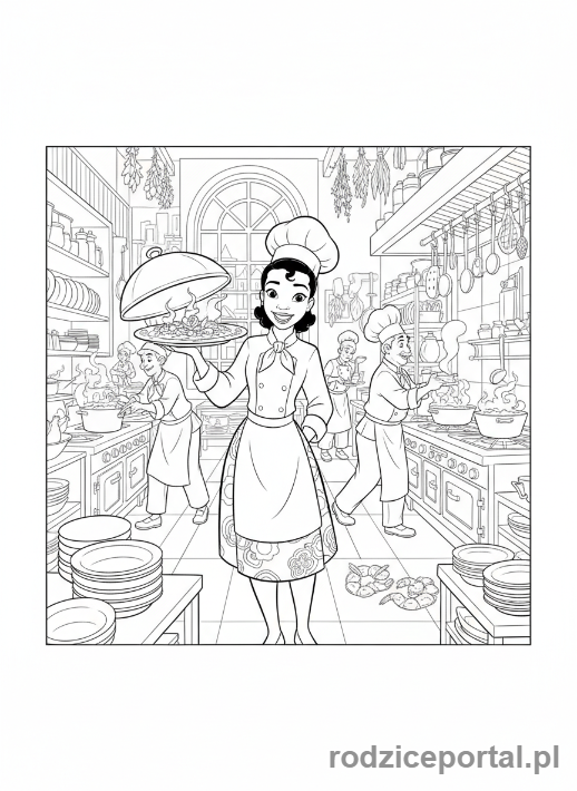 Kolorowanka Księżniczki Disney - Tiana gotująca w restauracji