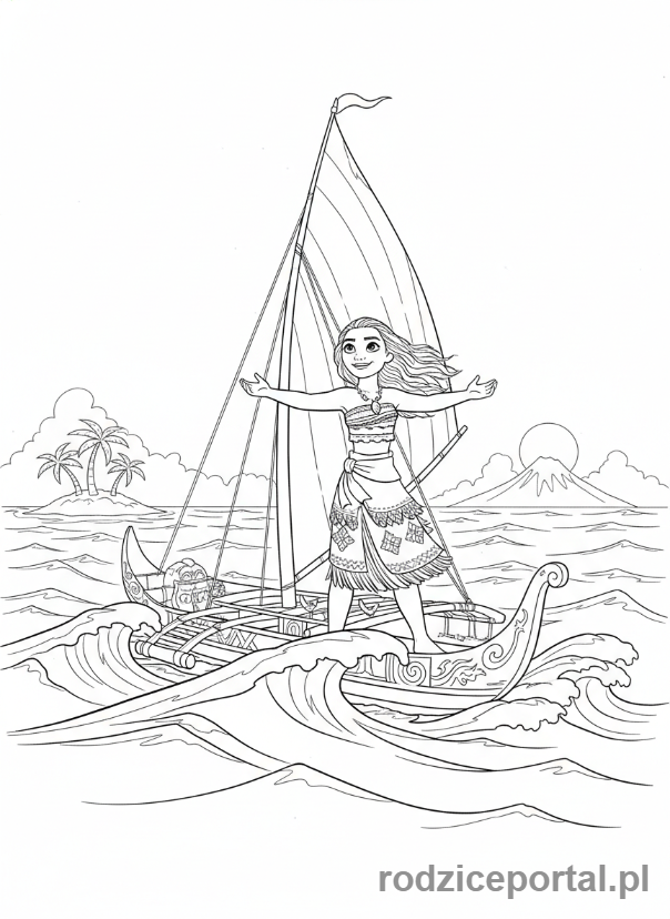 Kolorowanka Księżniczki Disney - Vaiana na łodzi na oceanie