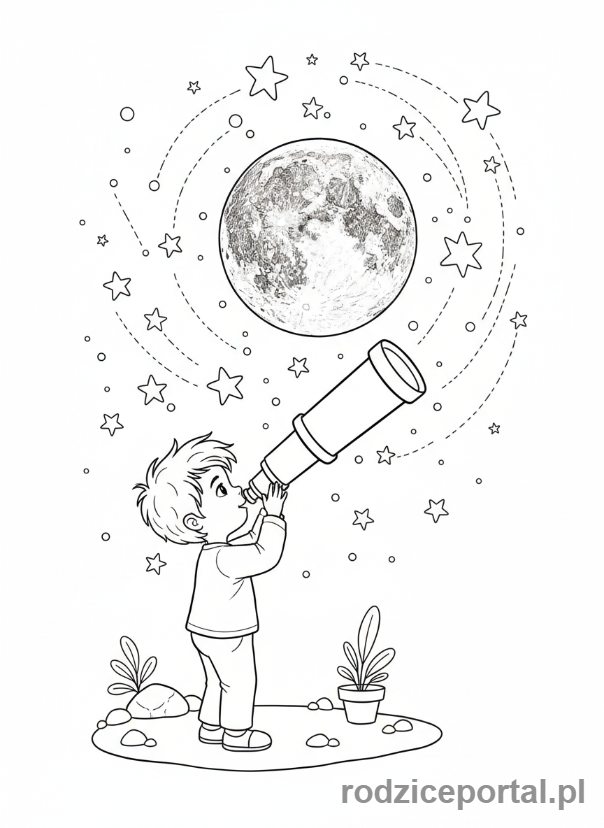 Kolorowanka Księżyc - Dziecko obserwujące księżyc teleskopem