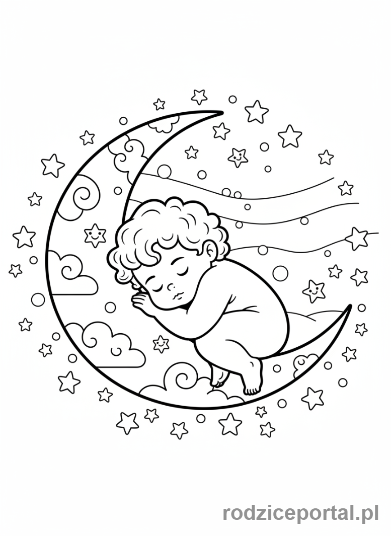 Kolorowanka Księżyc - Dziecko śpiące na księżycu