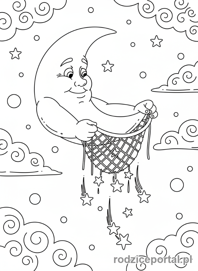 Kolorowanka Księżyc - Księżyc łapiący gwiazdki siecią