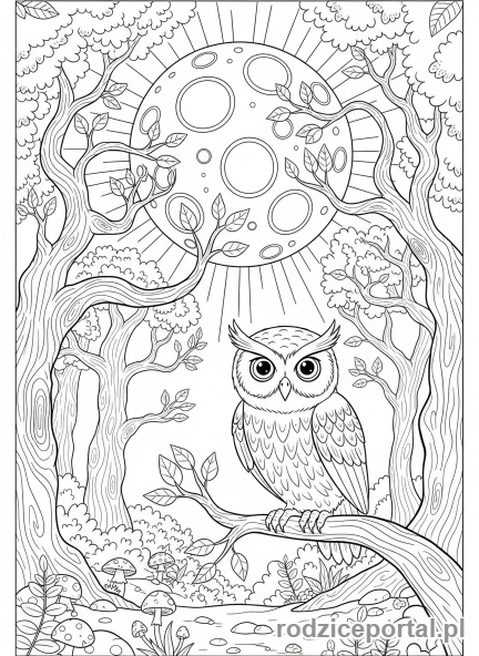 Kolorowanka Księżyc - Księżyc nad lasem z sową