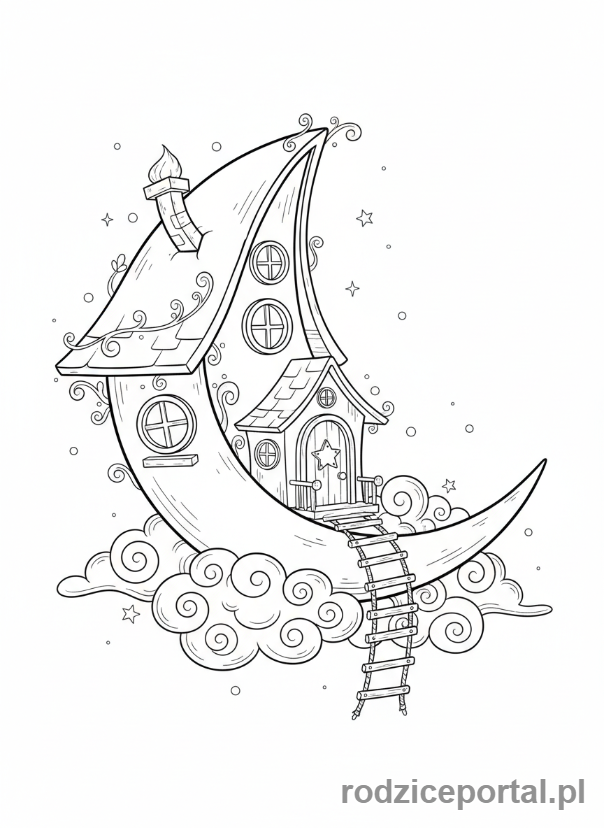 Kolorowanka Księżyc - Księżyc z małym domkiem na nim