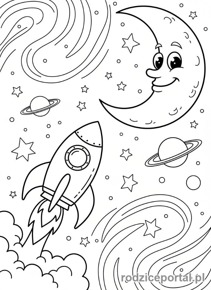 Kolorowanka Księżyc - Rakieta leci na księżyc