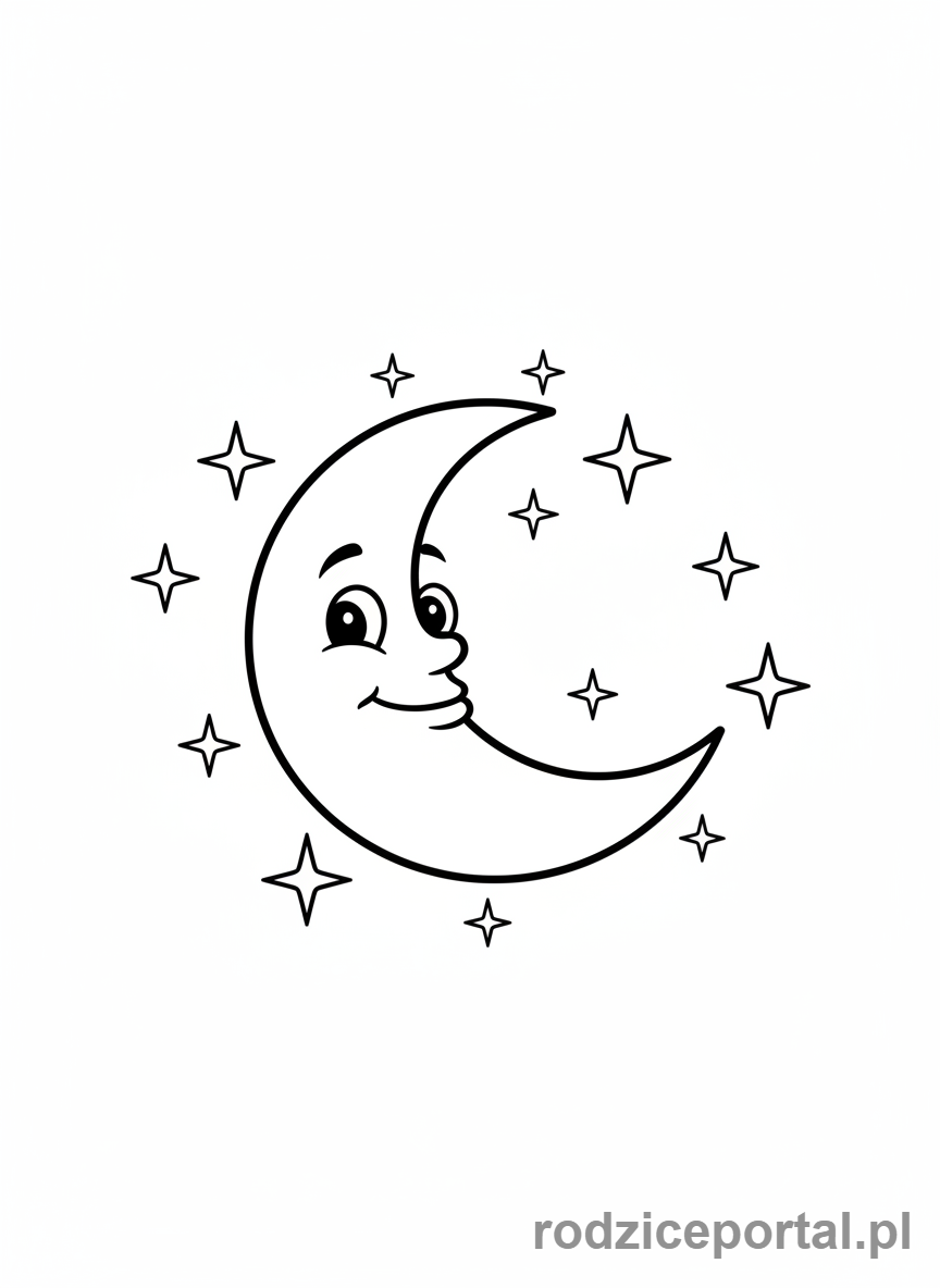 Kolorowanka Księżyc - Uśmiechnięty księżyc z gwiazdkami