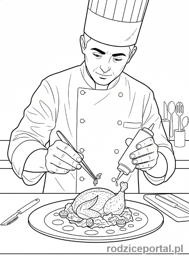 Kolorowanka Kucharz - Kucharz dekorujący potrawę