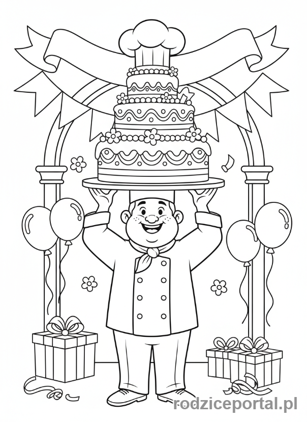 Kolorowanka Kucharz - Kucharz prezentujący tort