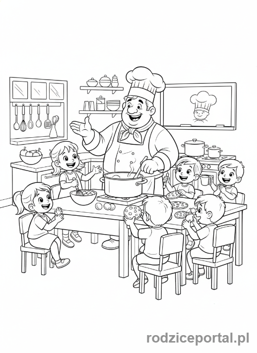 Kolorowanka Kucharz - Kucharz uczący dzieci gotować