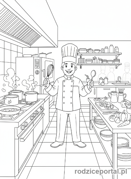 Kolorowanka Kucharz - Kucharz w kuchni z garnkami