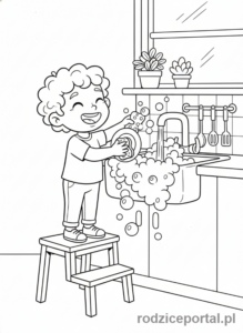 Kolorowanka Kuchnia Dla Dzieci - Dziecko myje naczynia