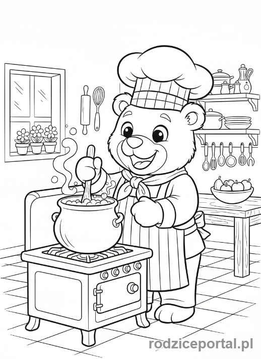 Kolorowanka Kuchnia Dla Dzieci - Miś kucharz