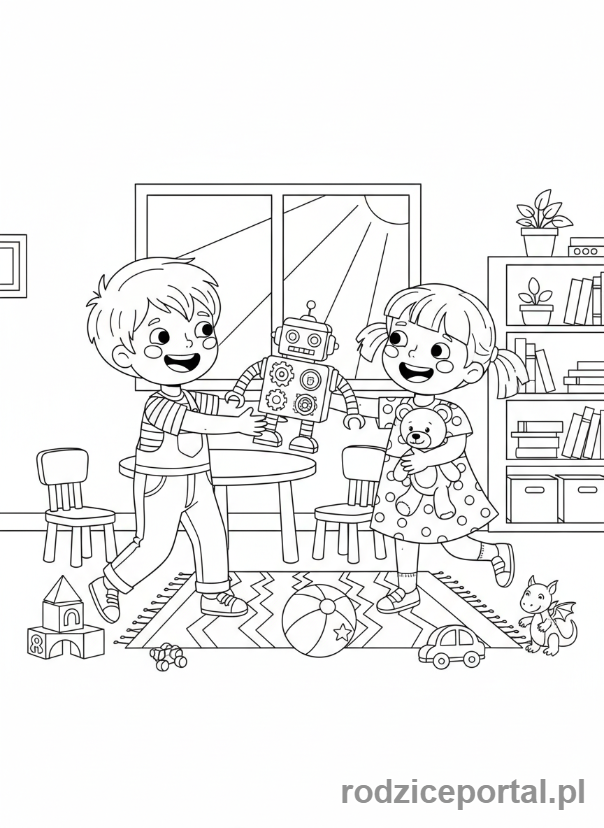 Kolorowanka Kultura Osobista - Dzieci dziela sie zabawkami