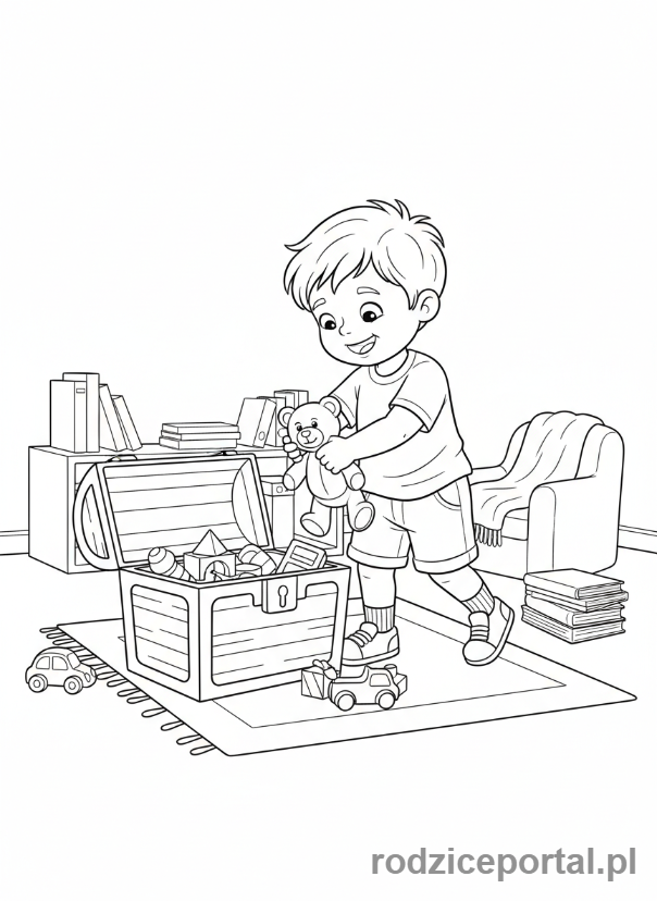Kolorowanka Kultura Osobista - Dziecko sprzata zabawki